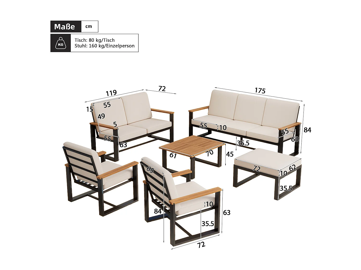 Tuinsalon 7-8 zitplaatsen - van licht gegalvaniseerd ijzer - 1 bank 3-zits - 1 bank 2-zits - 2 fauteuils en salontafel - 1 kruk - Beige