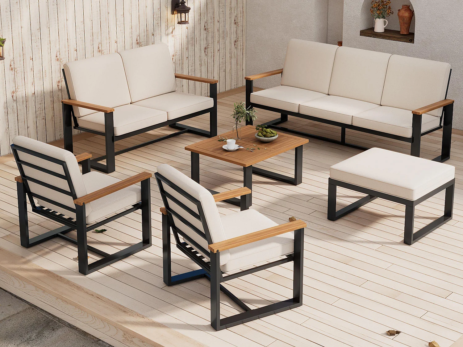 Salon de jardin 7-8 places - en fer galvanisé léger - 1 canapé 3 places - 1 canapé 2 places - 2 fauteuils et table basse - 1 tabouret - Beige