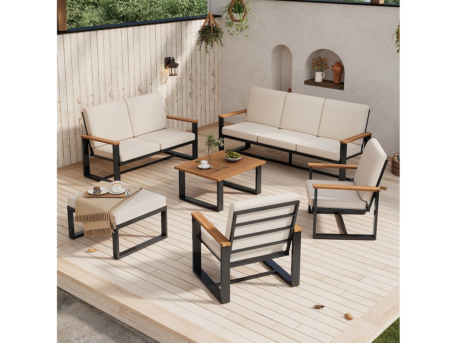 Salon de jardin 7-8 places - en fer galvanisé léger - 1 canapé 3 places - 1 canapé 2 places - 2 fauteuils et table basse - 1 tabouret - Beige