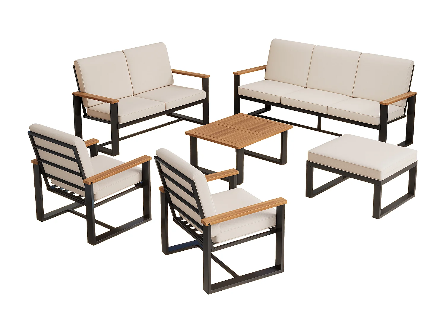 Salon de jardin 7-8 places - en fer galvanisé léger - 1 canapé 3 places - 1 canapé 2 places - 2 fauteuils et table basse - 1 tabouret - Beige