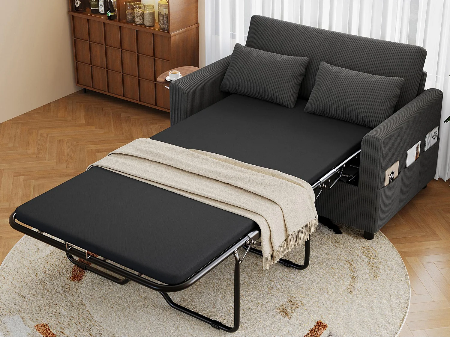 Canapé 2 places - avec port USB - avec table d'appoint pliante - avec 2 coussins - velours côtelé - gris