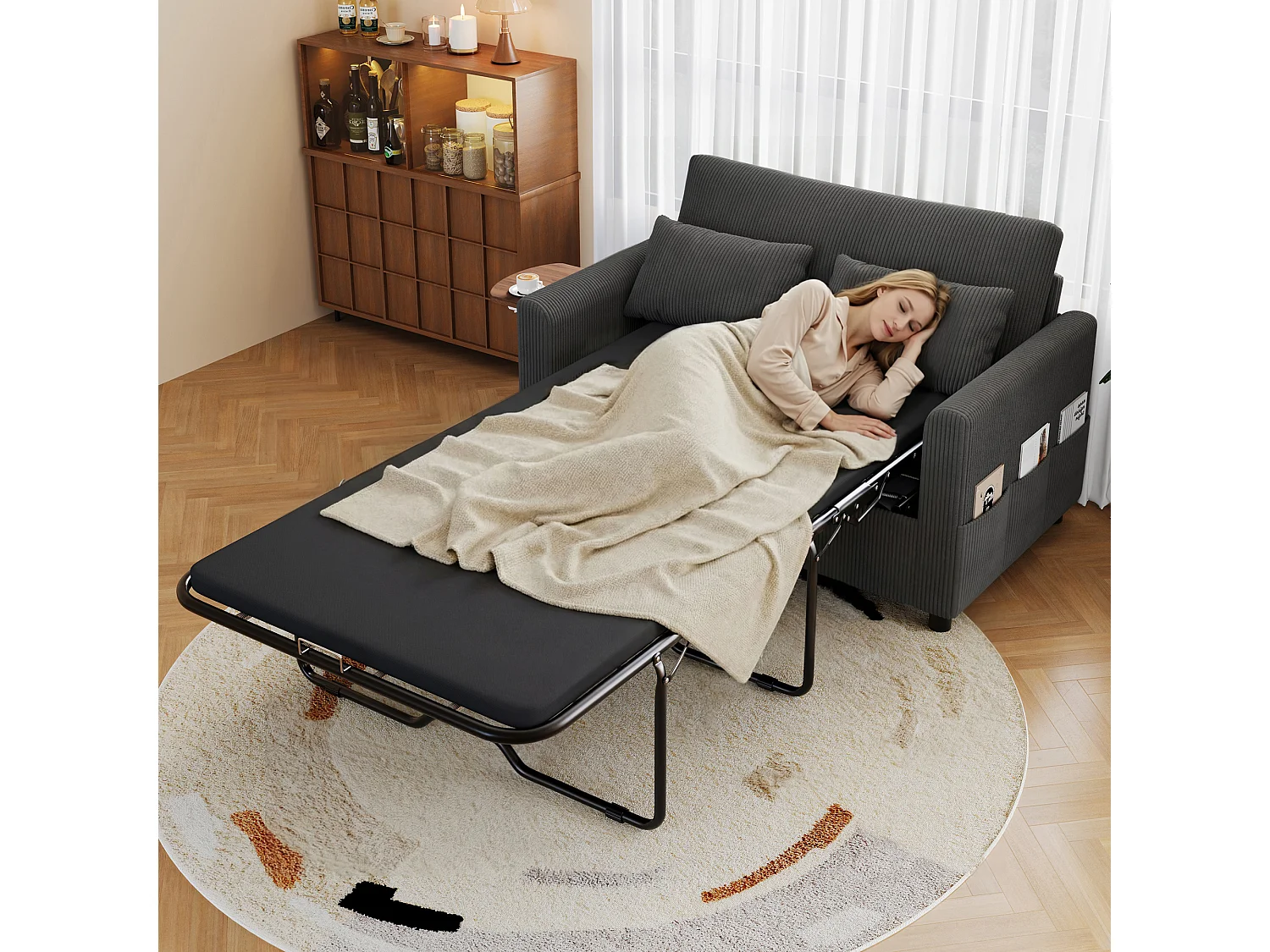 Canapé 2 places - avec port USB - avec table d'appoint pliante - avec 2 coussins - velours côtelé - gris