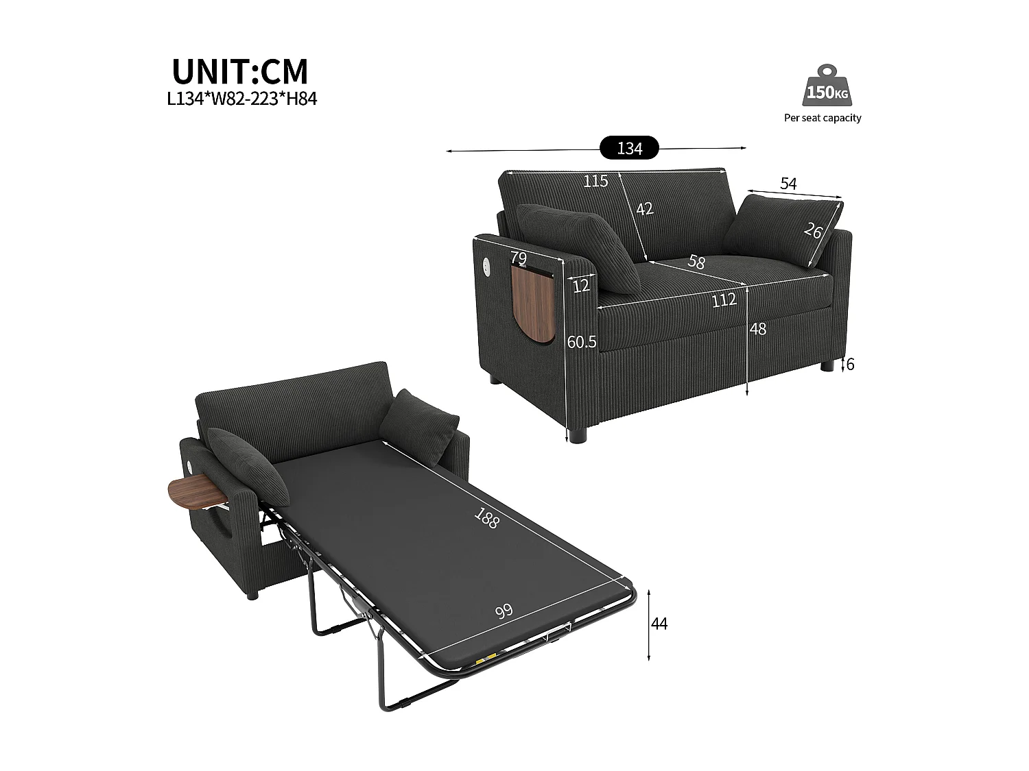 Canapé 2 places - avec port USB - avec table d'appoint pliante - avec 2 coussins - velours côtelé - gris