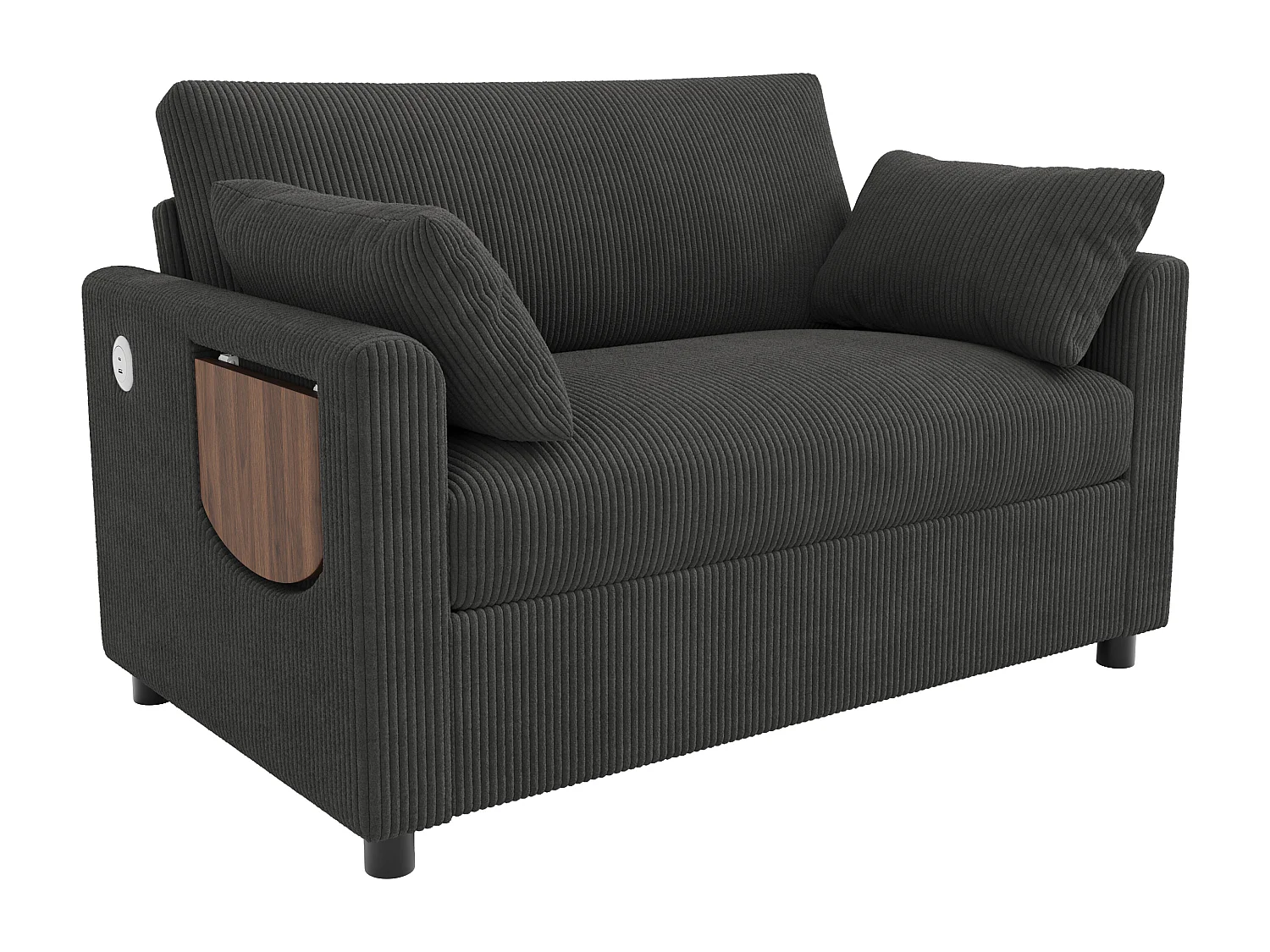 Canapé 2 places - avec port USB - avec table d'appoint pliante - avec 2 coussins - velours côtelé - gris