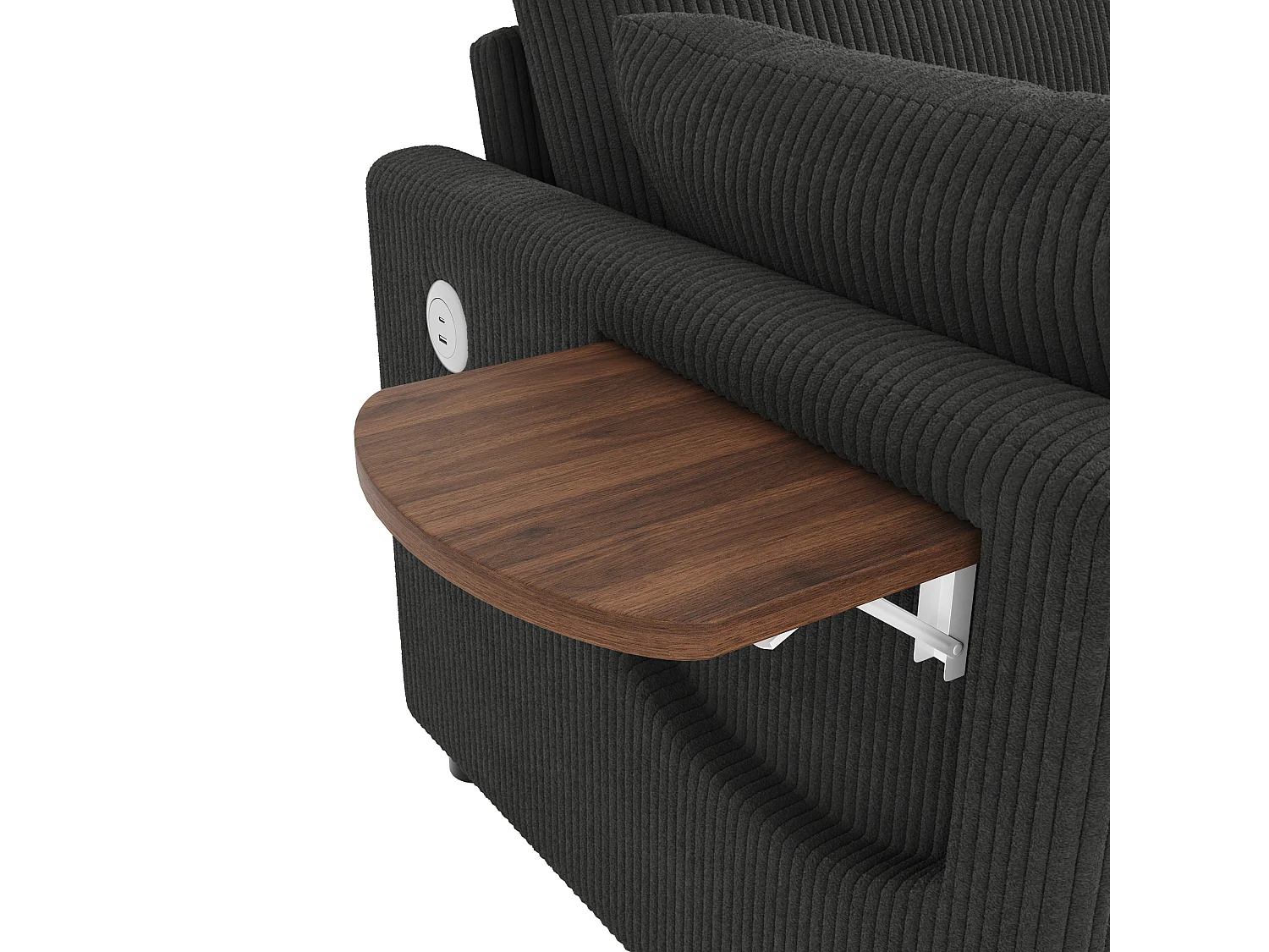 Canapé 2 places - avec port USB - avec table d'appoint pliante - avec 2 coussins - velours côtelé - gris