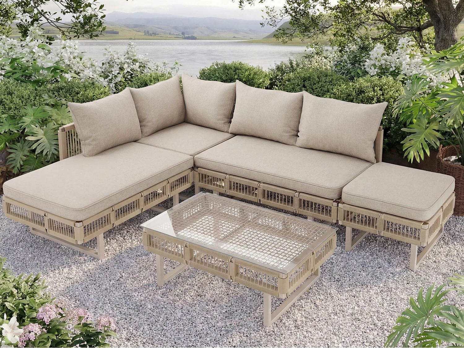 Salon de jardin - 4 places - canapé d'angle - en fer galvanisé - 1 table basse en verre trempé - repose-pieds - décoré tressé - Beige