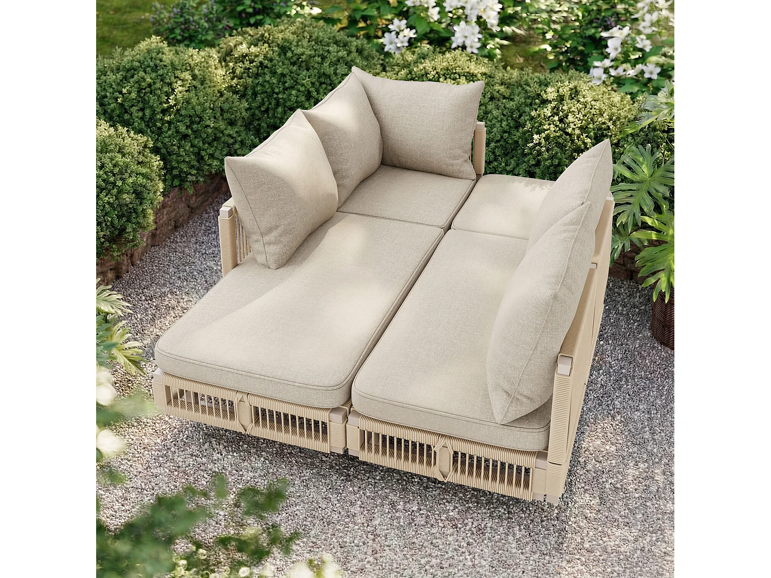 Salon de jardin - 4 places - canapé d'angle - en fer galvanisé - 1 table basse en verre trempé - repose-pieds - décoré tressé - Beige