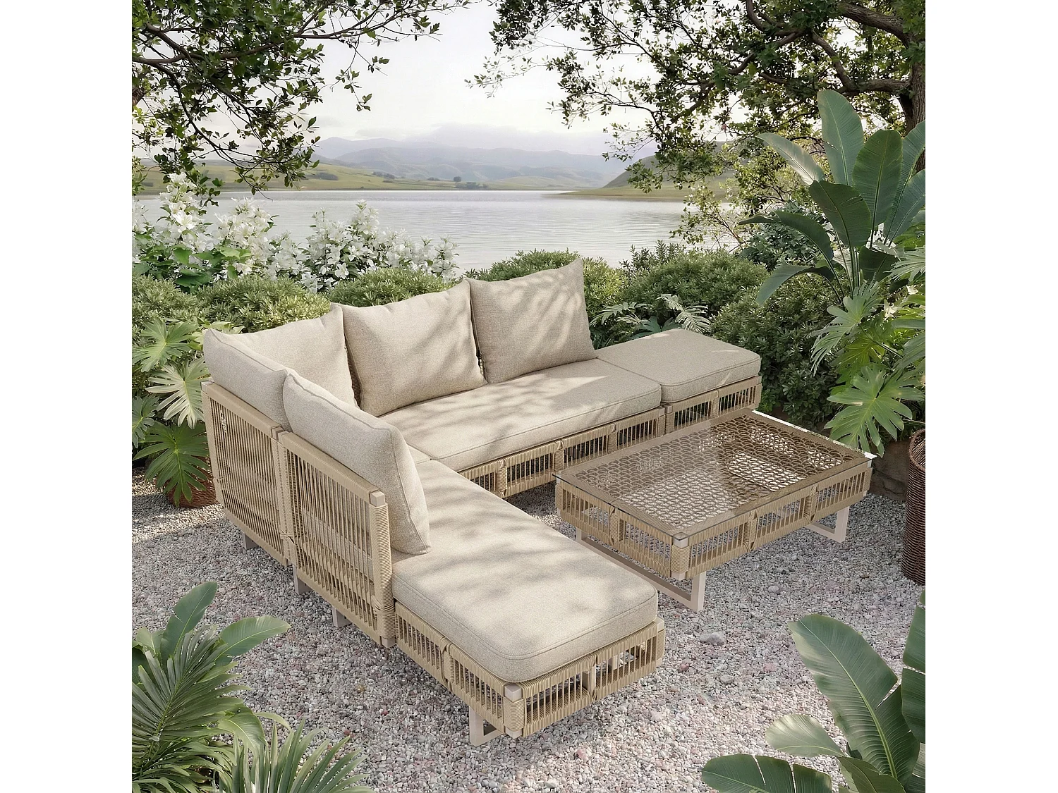 Salon de jardin - 4 places - canapé d'angle - en fer galvanisé - 1 table basse en verre trempé - repose-pieds - décoré tressé - Beige