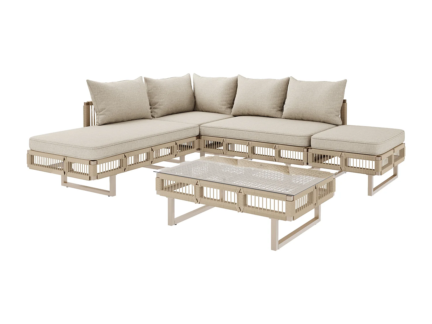 Salon de jardin - 4 places - canapé d'angle - en fer galvanisé - 1 table basse en verre trempé - repose-pieds - décoré tressé - Beige