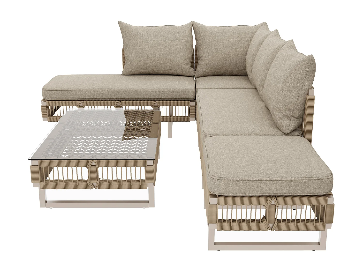 Salon de jardin - 4 places - canapé d'angle - en fer galvanisé - 1 table basse en verre trempé - repose-pieds - décoré tressé - Beige