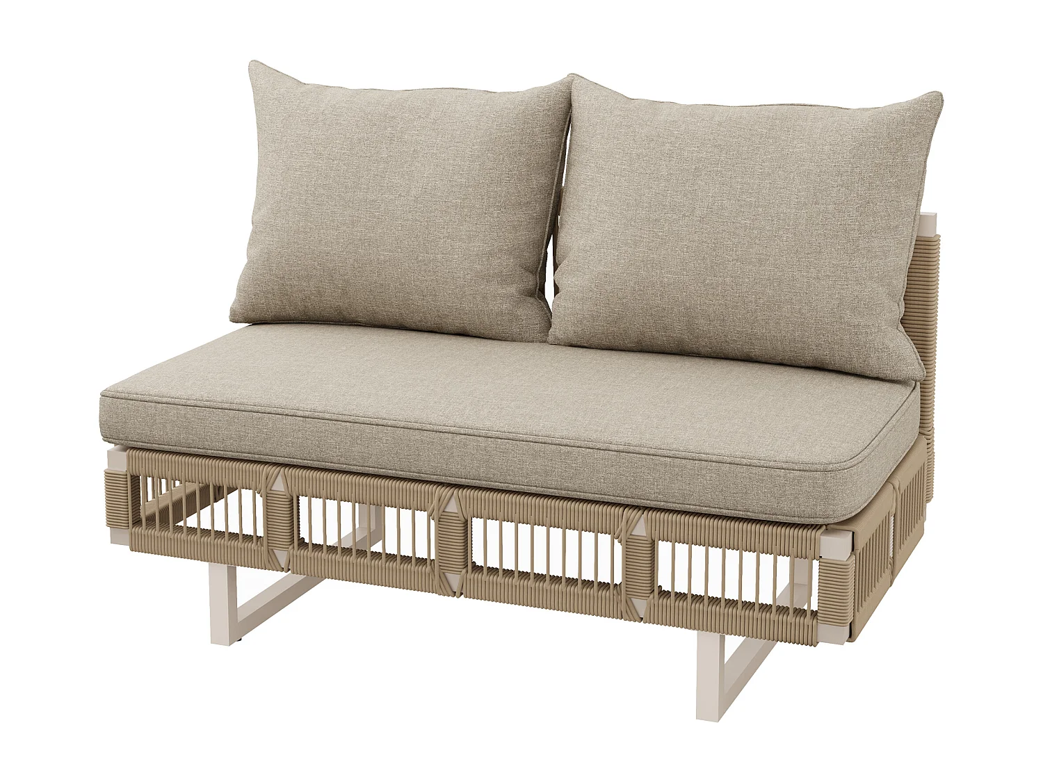 Salon de jardin - 4 places - canapé d'angle - en fer galvanisé - 1 table basse en verre trempé - repose-pieds - décoré tressé - Beige