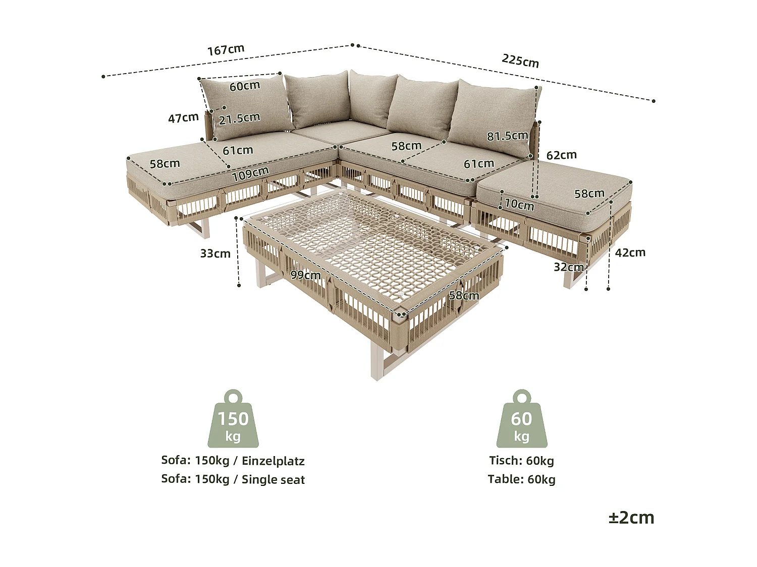Salon de jardin - 4 places - canapé d'angle - en fer galvanisé - 1 table basse en verre trempé - repose-pieds - décoré tressé - Beige