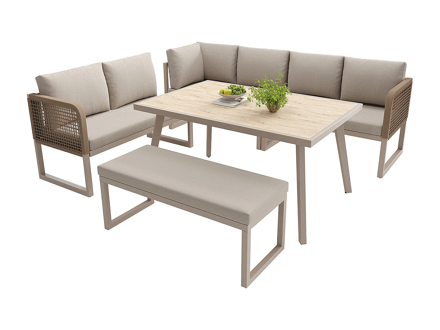 Salon de jardin, ensemble de meubles en rotin PE pour 6-8 places - canapé d'angle - en fer galvanisé - Plateau de table à l'aspect bois- banc, Beige