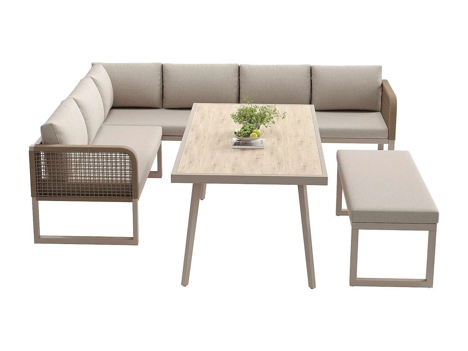 Salon de jardin, ensemble de meubles en rotin PE pour 6-8 places - canapé d'angle - en fer galvanisé - Plateau de table à l'aspect bois- banc, Beige