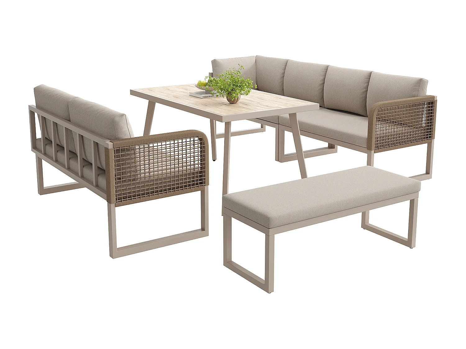 Salon de jardin, ensemble de meubles en rotin PE pour 6-8 places - canapé d'angle - en fer galvanisé - Plateau de table à l'aspect bois- banc, Beige