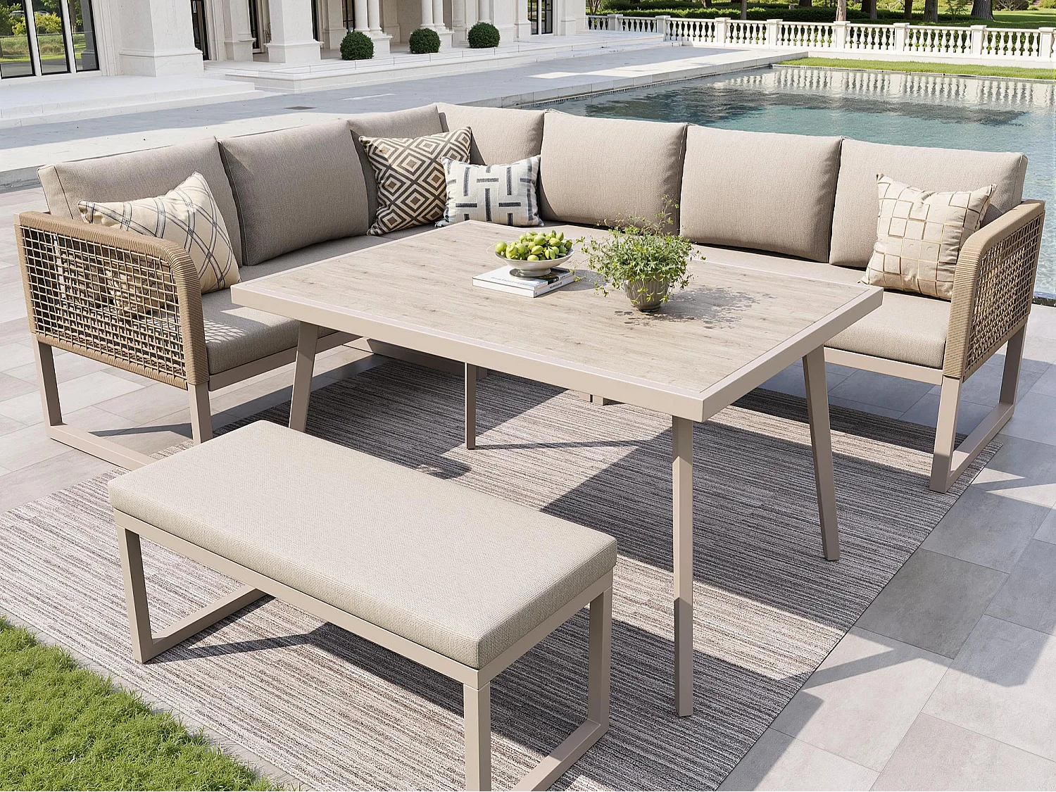 Salotto da giardino, set di mobili in rattano PE per 6-8 posti - divano angolare - in ferro zincato - Piano del tavolo dall'aspetto legno - panca, Beige