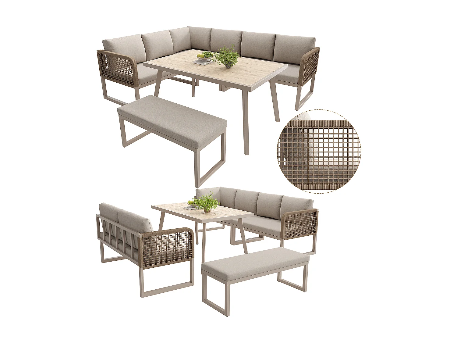 Salotto da giardino, set di mobili in rattano PE per 6-8 posti - divano angolare - in ferro zincato - Piano del tavolo dall'aspetto legno - panca, Beige