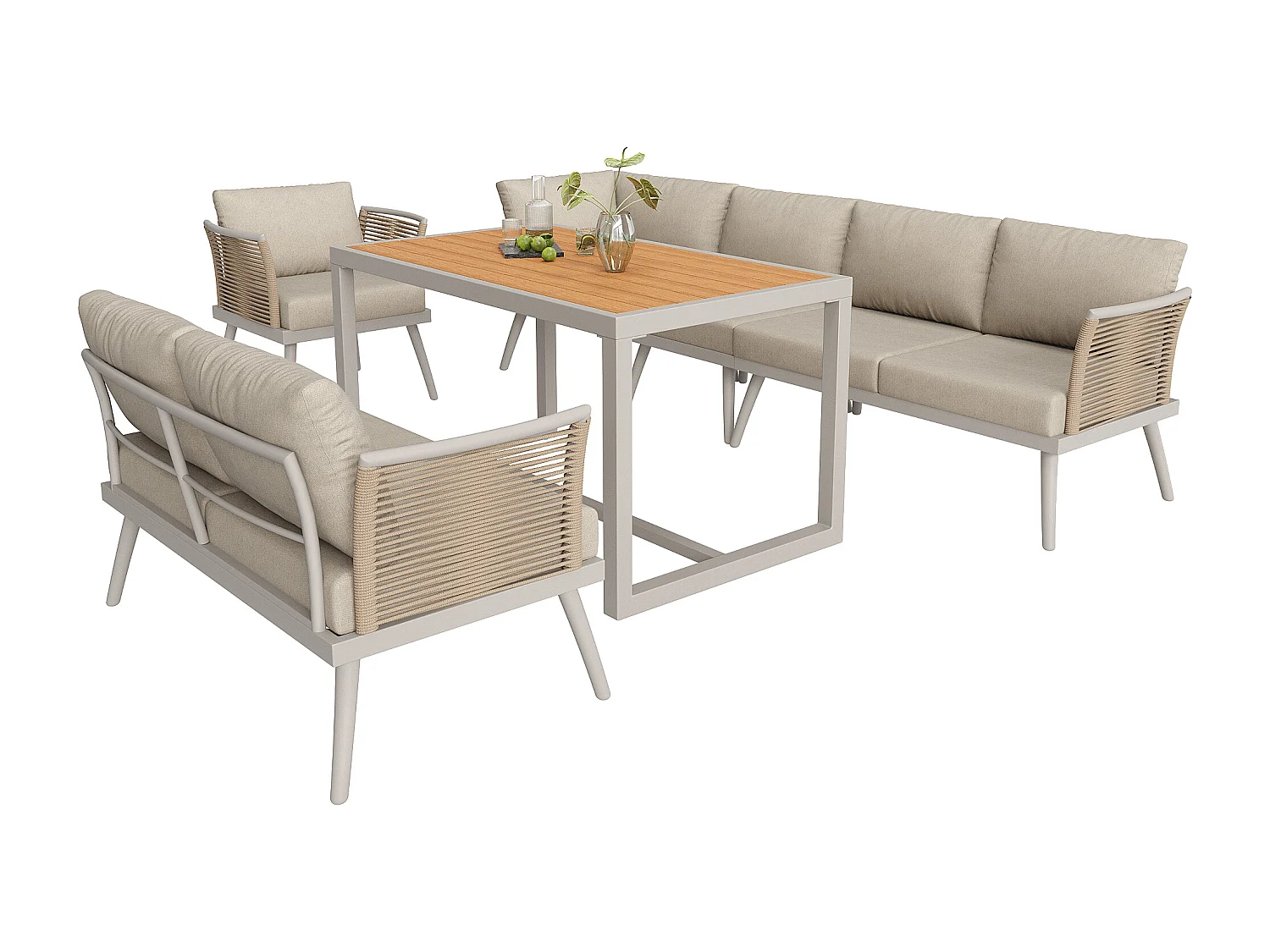 Tuinsalon, meubelset, voor 6-7 personen - hoekbank - 2 fauteuils - tafel - touwwerk - van gegalvaniseerd ijzer, Beige