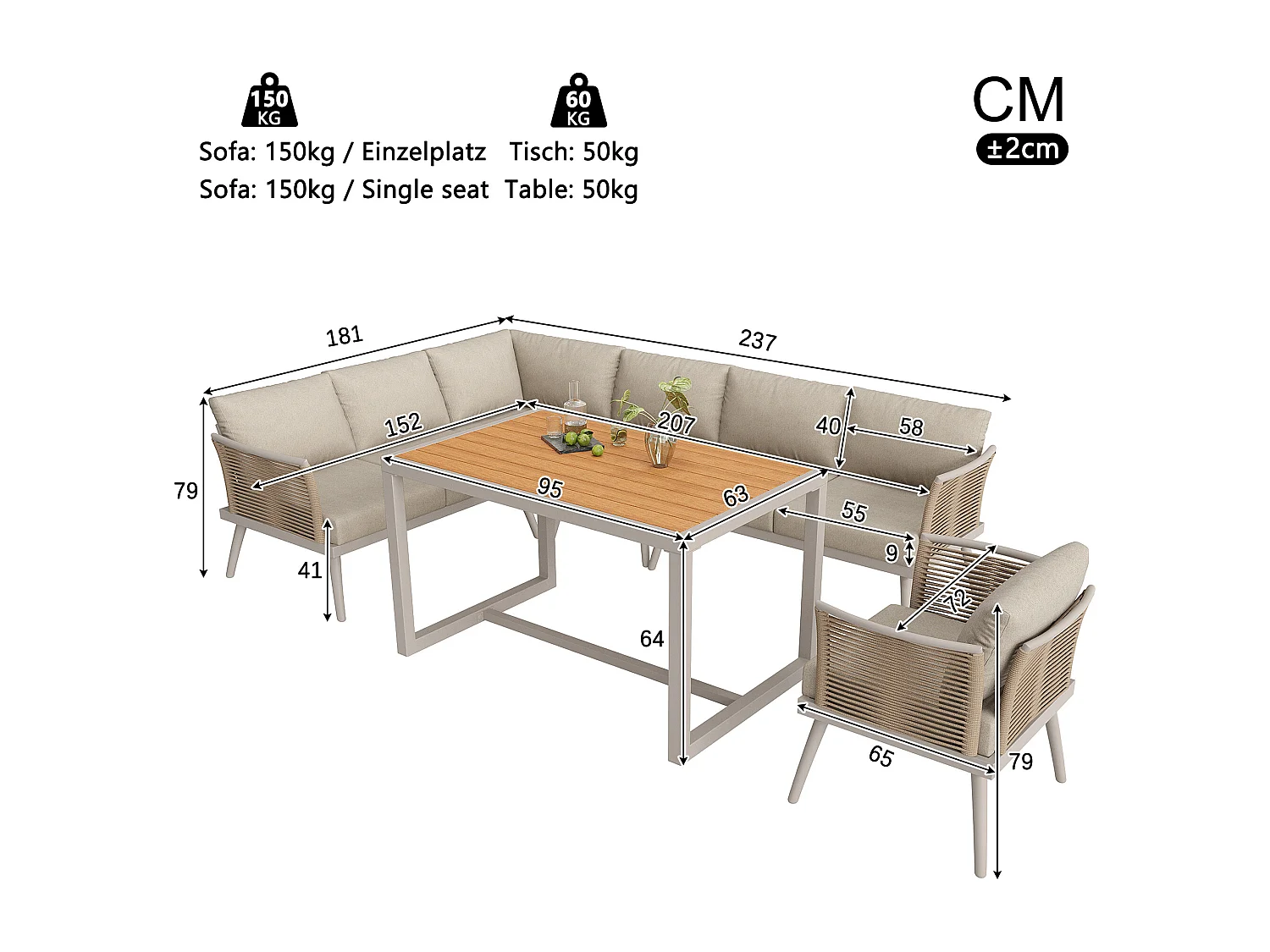 Tuinsalon, meubelset, voor 6-7 personen - hoekbank - 2 fauteuils - tafel - touwwerk - van gegalvaniseerd ijzer, Beige