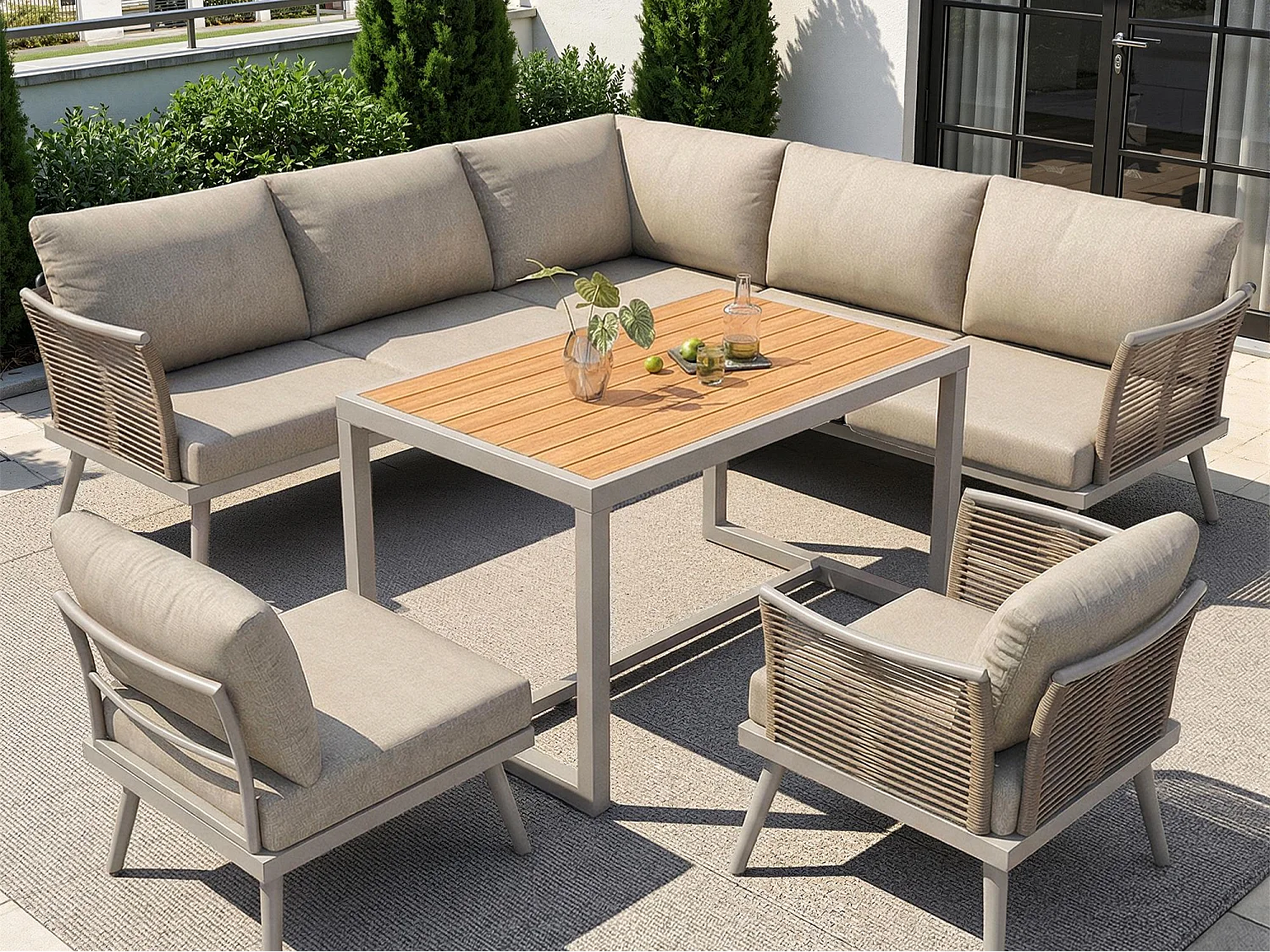 Salotto da giardino, set di mobili, per 6-7 persone - divano angolare - 2 poltrone - tavolo - cordame - in ferro zincato, Beige