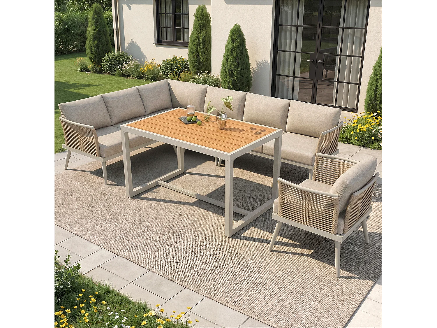 Salotto da giardino, set di mobili, per 6-7 persone - divano angolare - 2 poltrone - tavolo - cordame - in ferro zincato, Beige