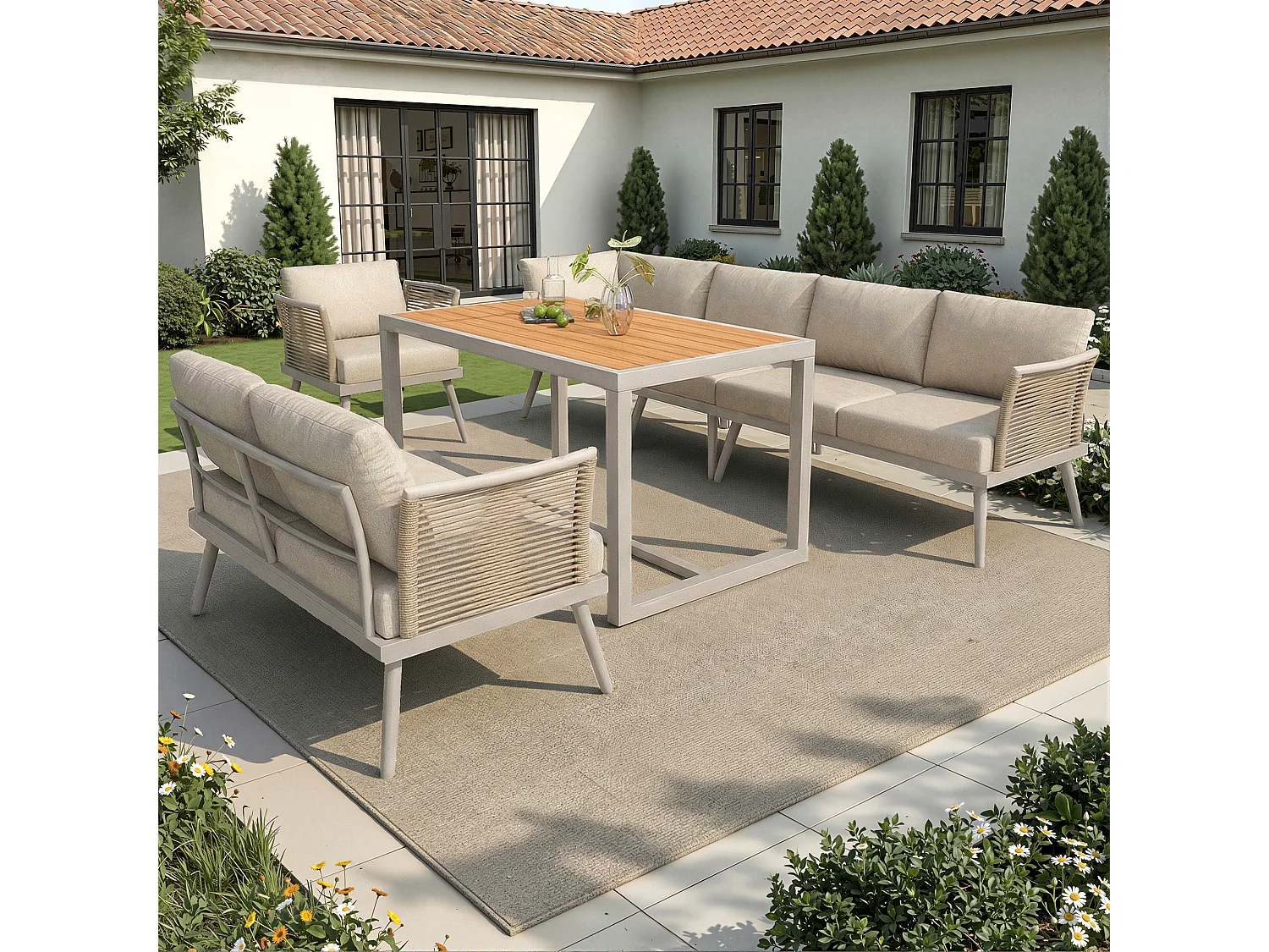 Salotto da giardino, set di mobili, per 6-7 persone - divano angolare - 2 poltrone - tavolo - cordame - in ferro zincato, Beige