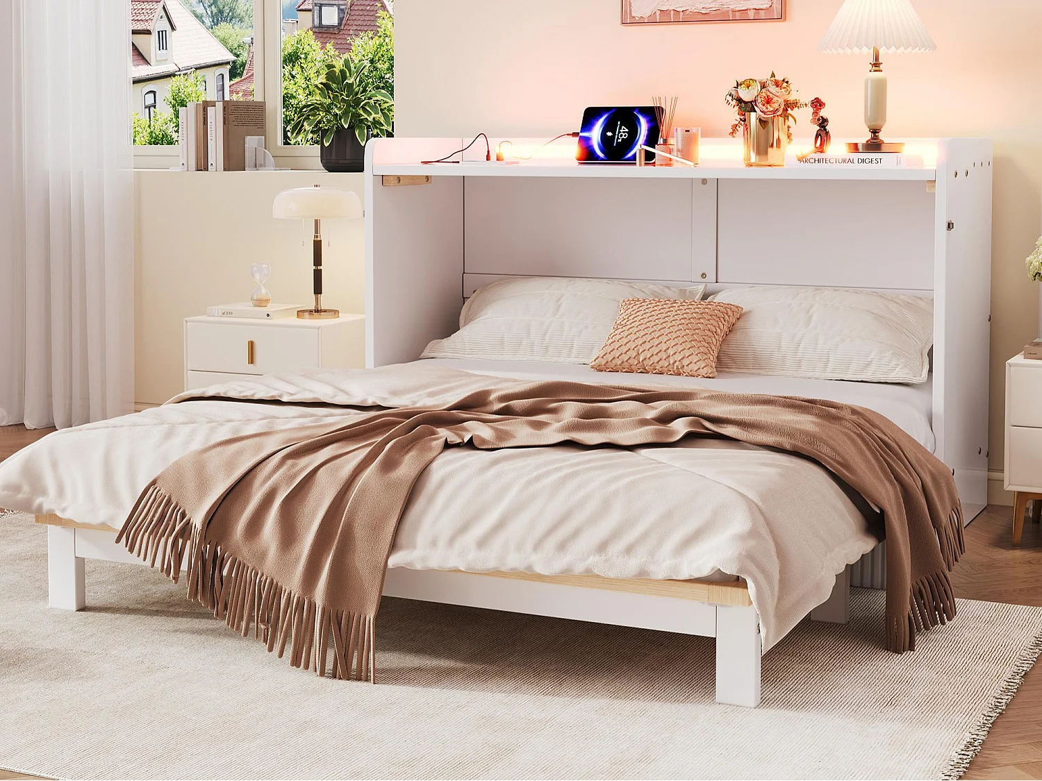 Lit escamotable 140x200 cm - avec port USB + prise électrique - avec éclairage LED - Lit convertible - blanc (matelas non inclus)