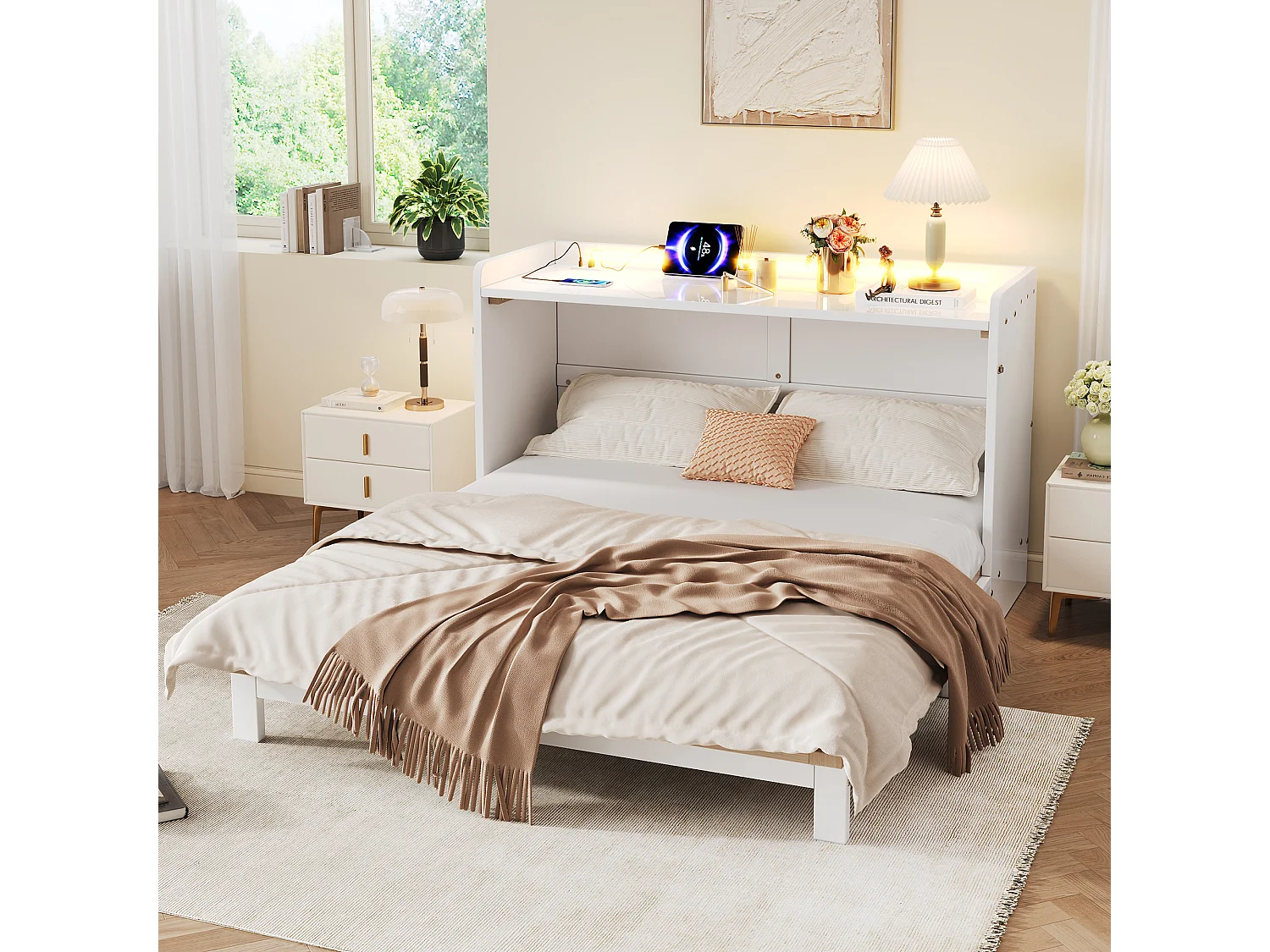 Lit escamotable 140x200 cm - avec port USB + prise électrique - avec éclairage LED - Lit convertible - blanc (matelas non inclus)