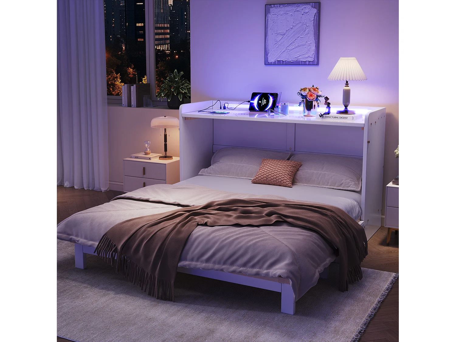 Lit escamotable 140x200 cm - avec port USB + prise électrique - avec éclairage LED - Lit convertible - blanc (matelas non inclus)