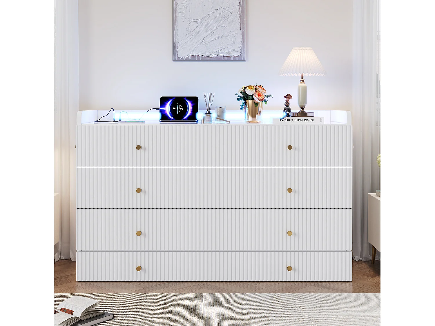 Lit escamotable 140x200 cm - avec port USB + prise électrique - avec éclairage LED - Lit convertible - blanc (matelas non inclus)