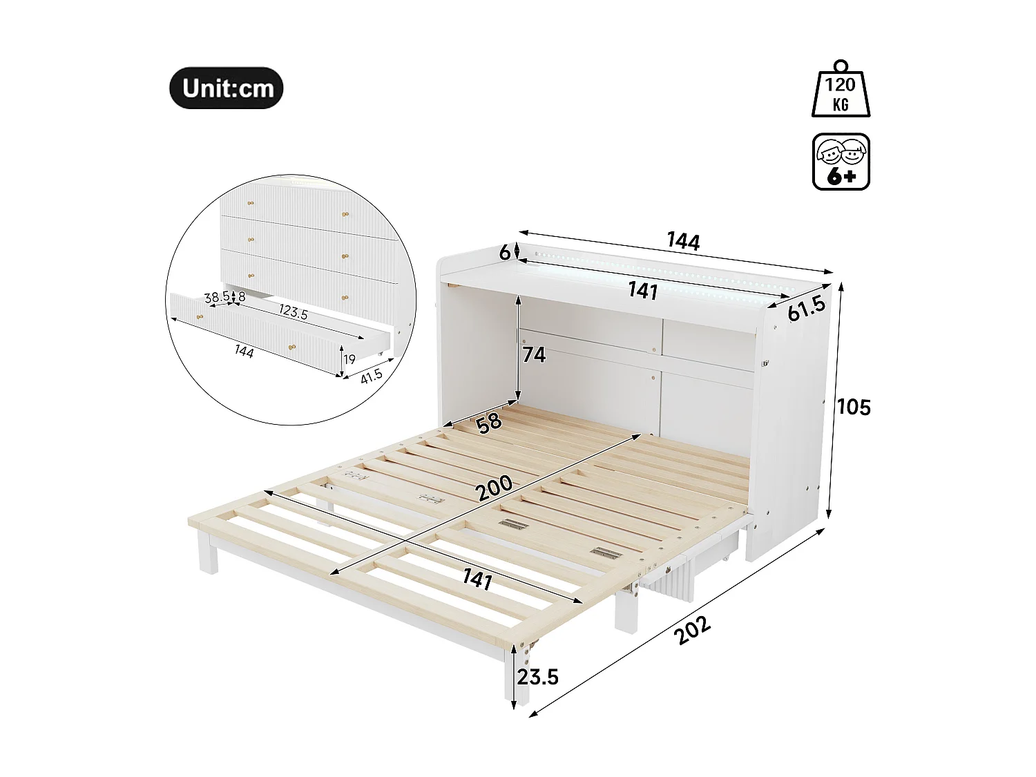 Lit escamotable 140x200 cm - avec port USB + prise électrique - avec éclairage LED - Lit convertible - blanc (matelas non inclus)