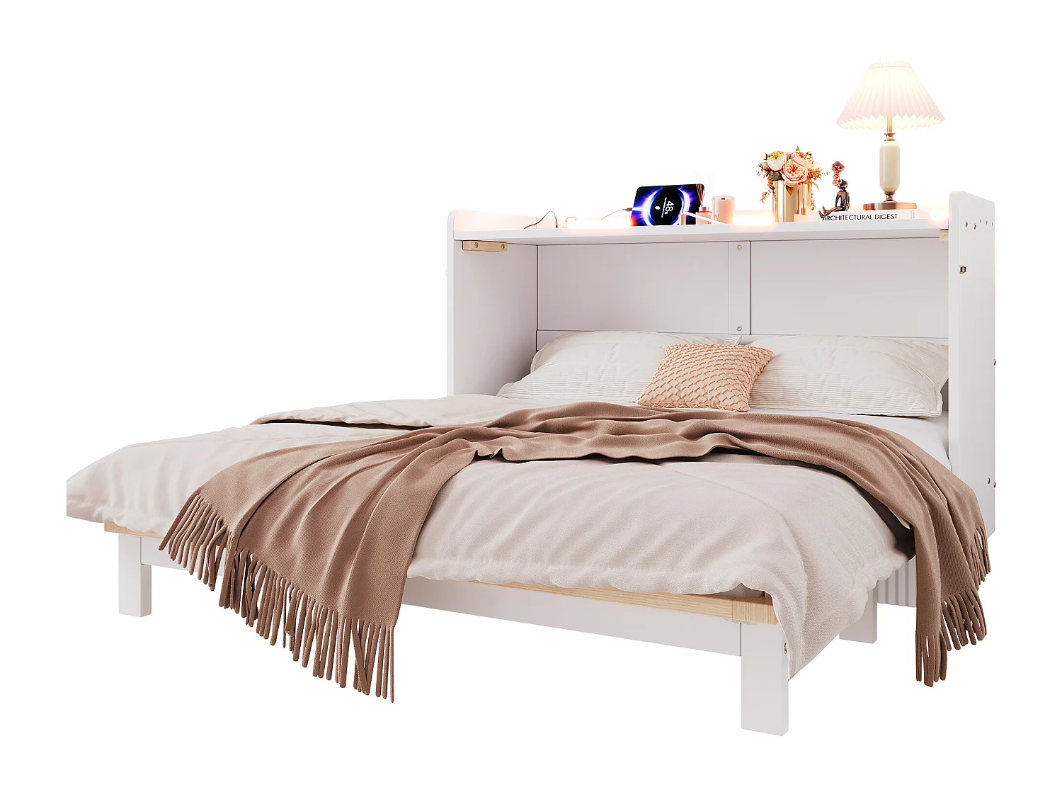 Lit escamotable 140x200 cm - avec port USB + prise électrique - avec éclairage LED - Lit convertible - blanc (matelas non inclus)