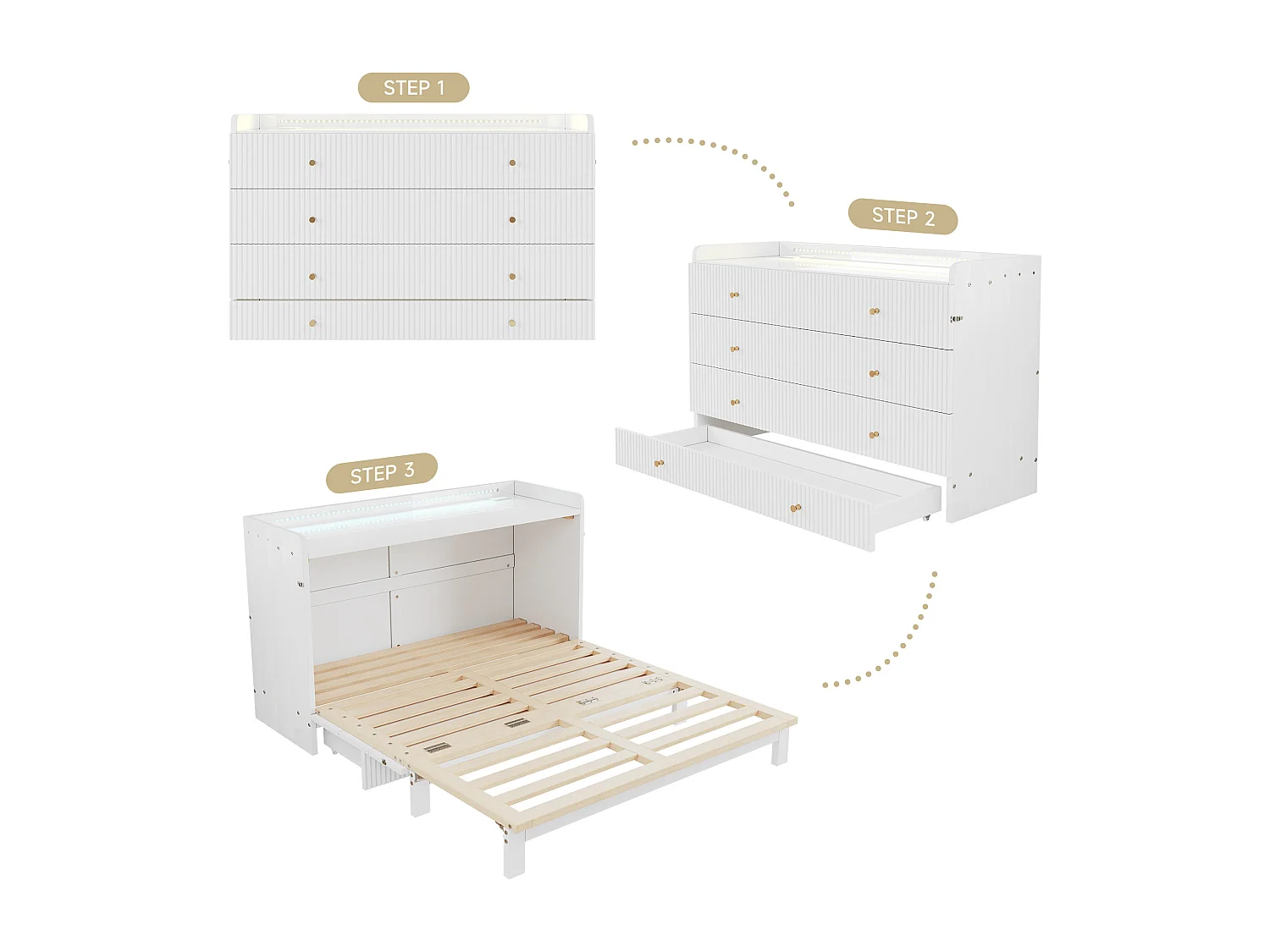 Lit escamotable 140x200 cm - avec port USB + prise électrique - avec éclairage LED - Lit convertible - blanc (matelas non inclus)