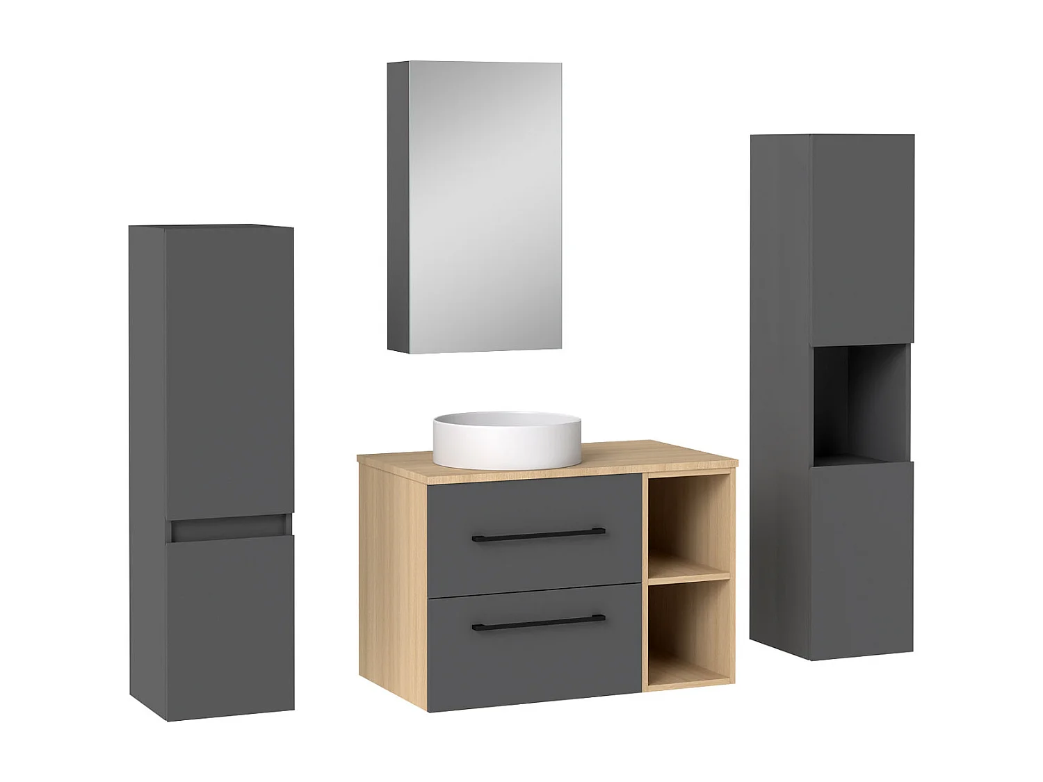 AICA Ensemble meuble de Salle de Bain Suspendu 80cm avec vasque à poser + 2*Colonne + Armoire salle de bain avec miroir, Anthracite + Chêne