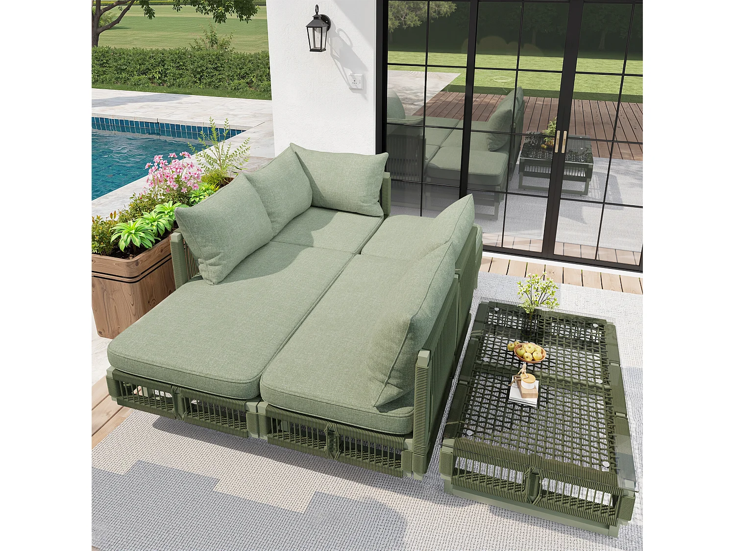 Salon de jardin - 4 places - canapé d'angle - en fer galvanisé - 1 table basse en verre trempé - repose-pieds - décoré tressé - Vert