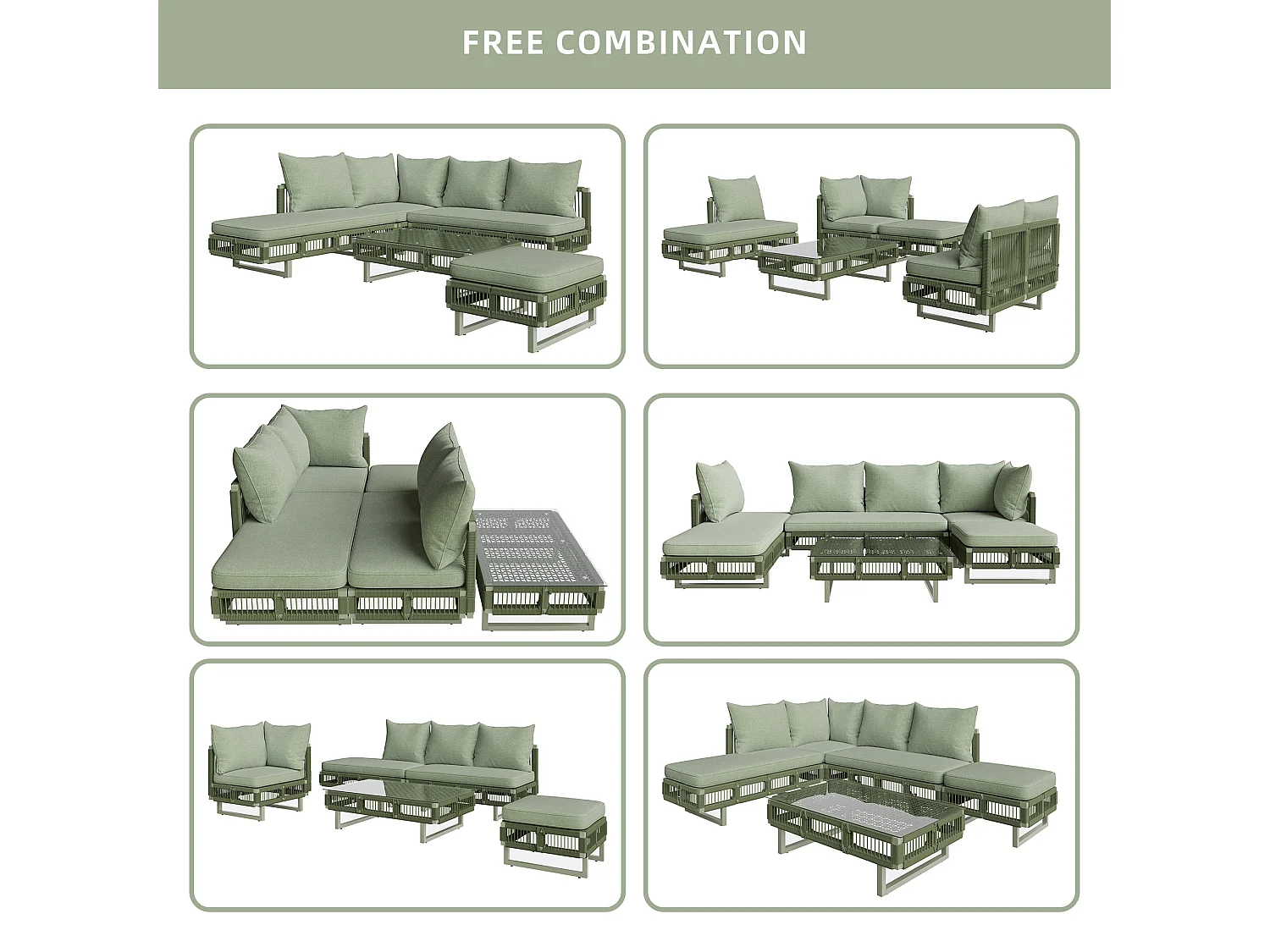 Salon de jardin - 4 places - canapé d'angle - en fer galvanisé - 1 table basse en verre trempé - repose-pieds - décoré tressé - Vert