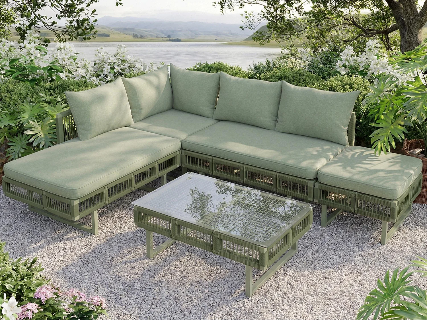 Salon de jardin - 4 places - canapé d'angle - en fer galvanisé - 1 table basse en verre trempé - repose-pieds - décoré tressé - Vert