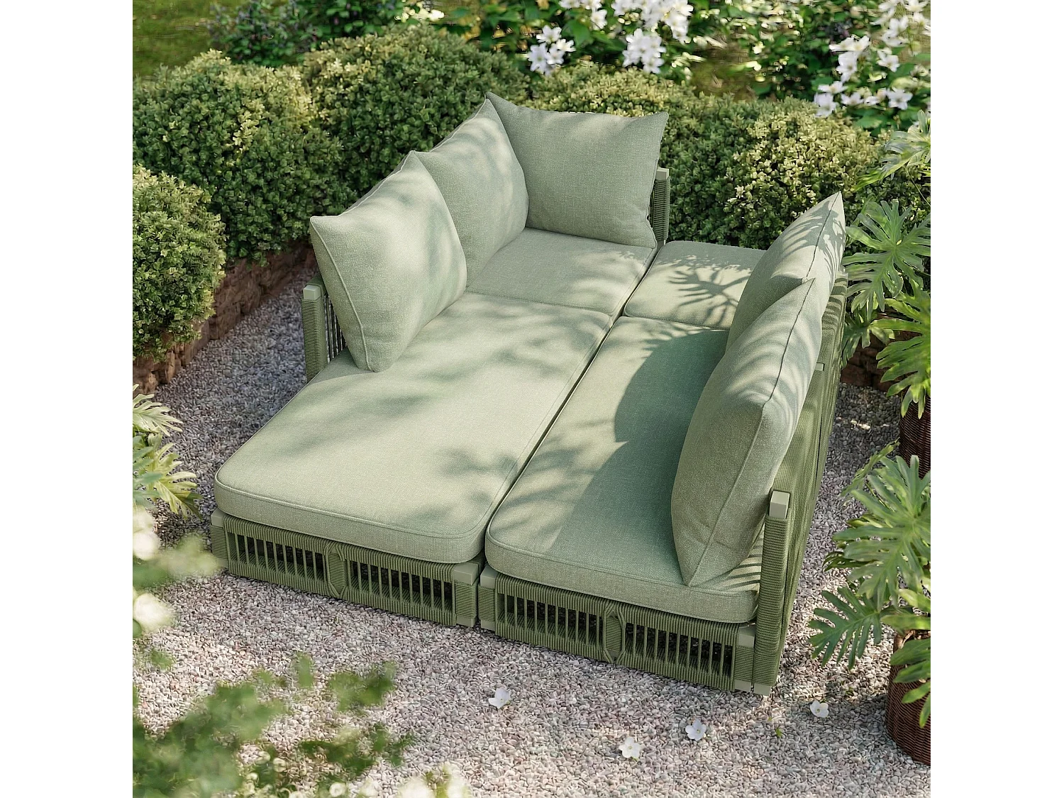 Salon de jardin - 4 places - canapé d'angle - en fer galvanisé - 1 table basse en verre trempé - repose-pieds - décoré tressé - Vert