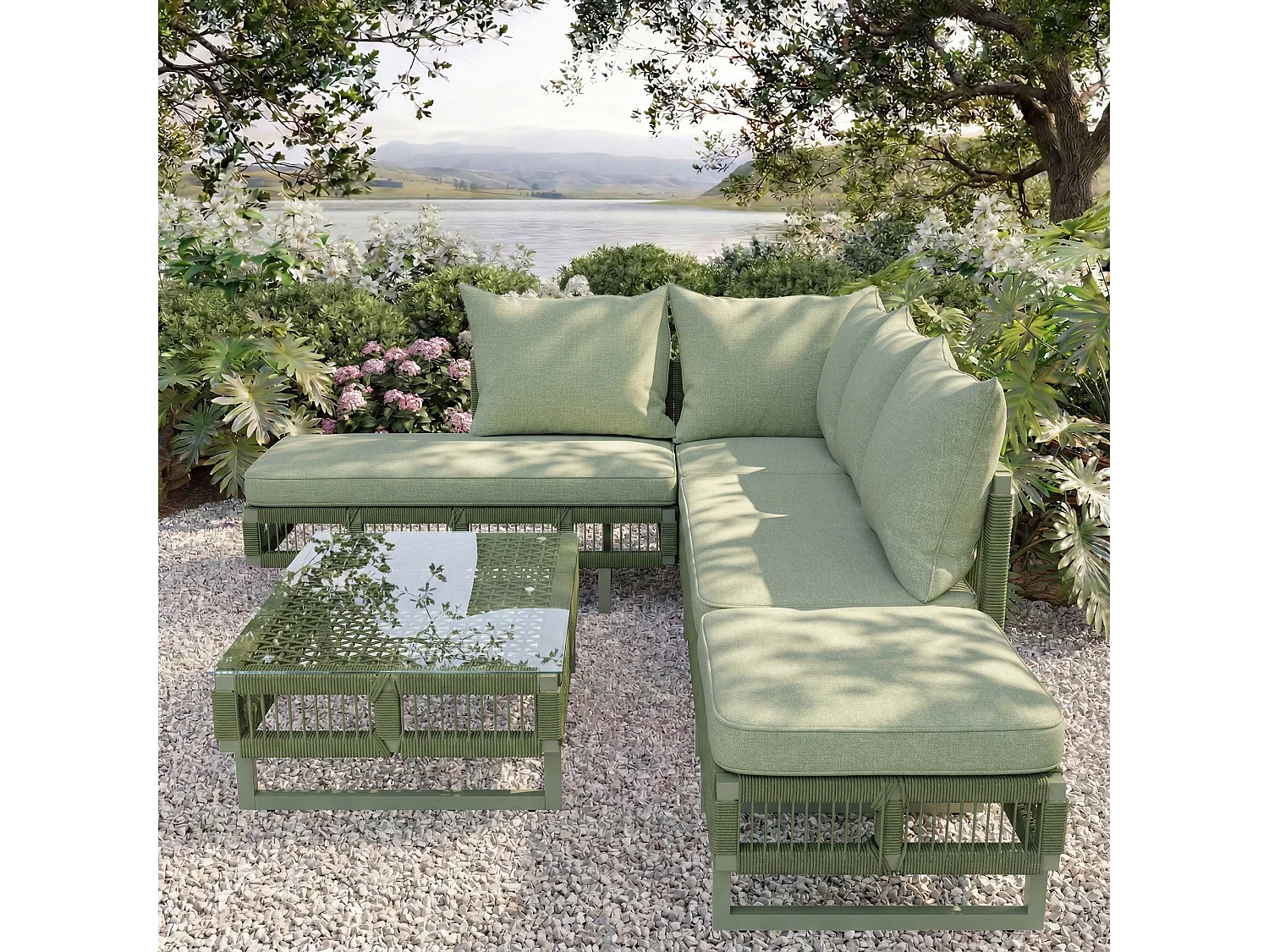 Salon de jardin - 4 places - canapé d'angle - en fer galvanisé - 1 table basse en verre trempé - repose-pieds - décoré tressé - Vert