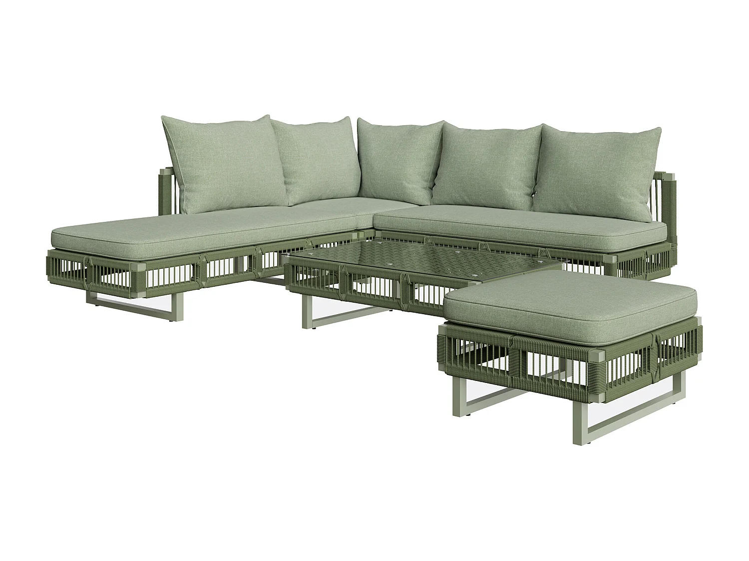 Salon de jardin - 4 places - canapé d'angle - en fer galvanisé - 1 table basse en verre trempé - repose-pieds - décoré tressé - Vert