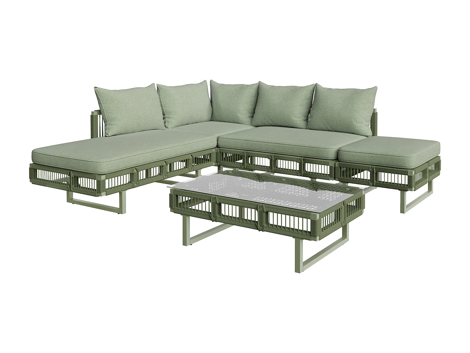 Salon de jardin - 4 places - canapé d'angle - en fer galvanisé - 1 table basse en verre trempé - repose-pieds - décoré tressé - Vert