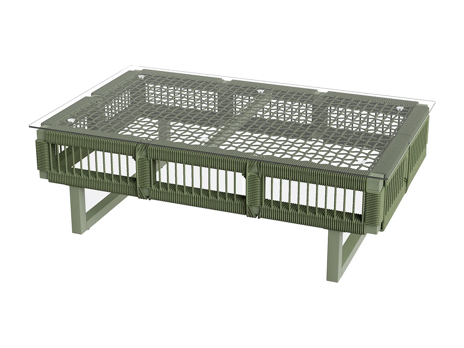 Salon de jardin - 4 places - canapé d'angle - en fer galvanisé - 1 table basse en verre trempé - repose-pieds - décoré tressé - Vert