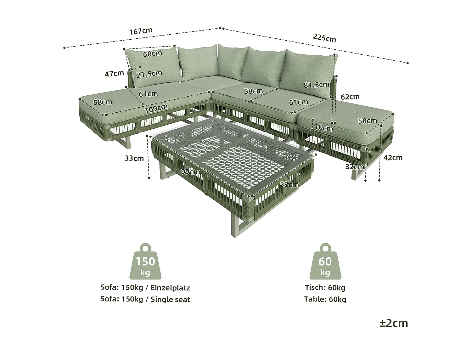 Salon de jardin - 4 places - canapé d'angle - en fer galvanisé - 1 table basse en verre trempé - repose-pieds - décoré tressé - Vert