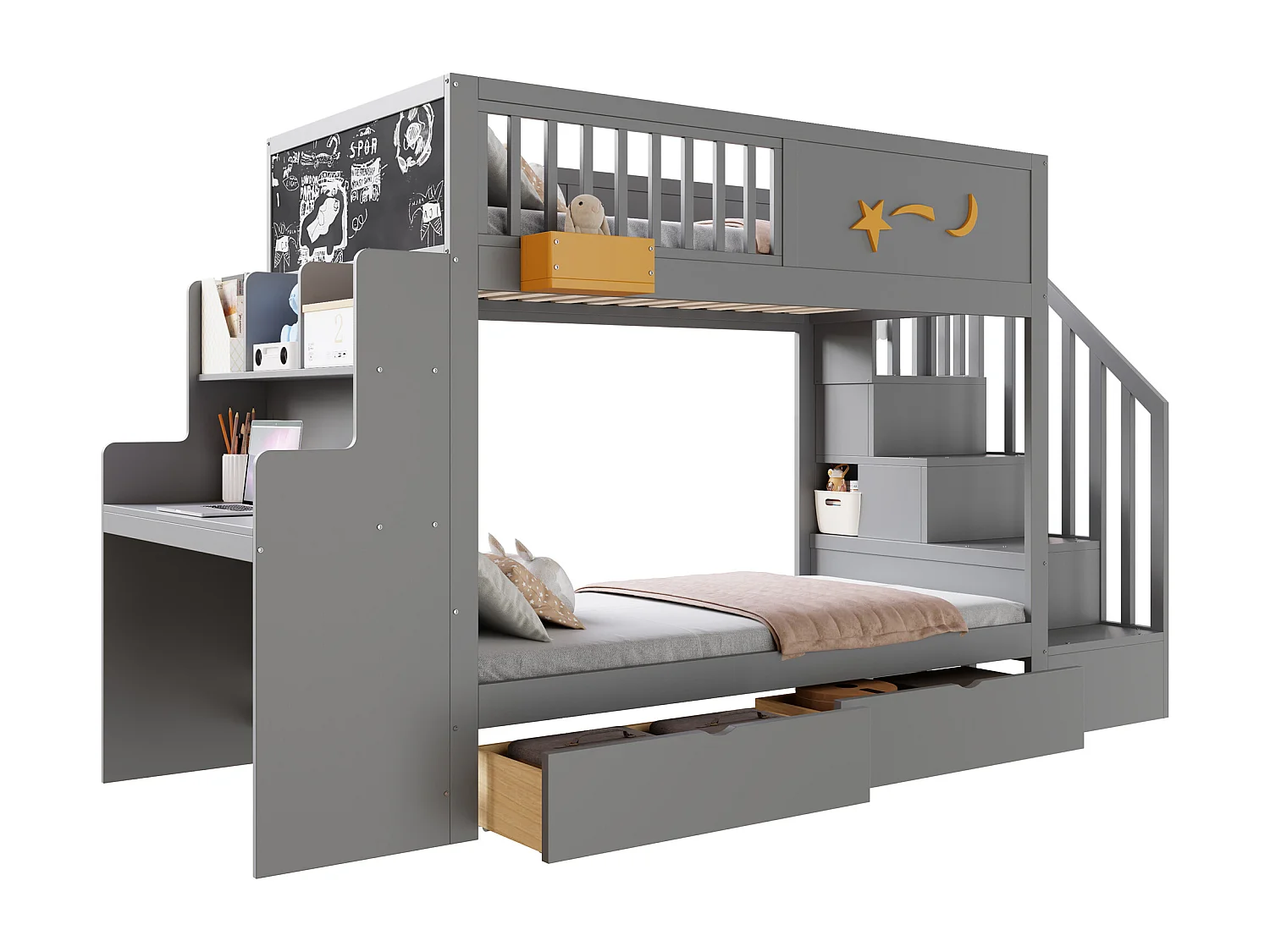 Lit superposé enfant 90 x 200 cm - avec 2 tiroirs - avec escalier de sécurité - avec bureau - gris (matelas non inclus)