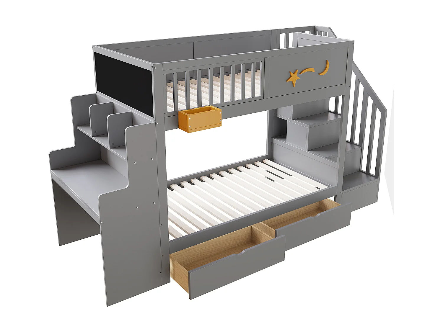 Lit superposé enfant 90 x 200 cm - avec 2 tiroirs - avec escalier de sécurité - avec bureau - gris (matelas non inclus)