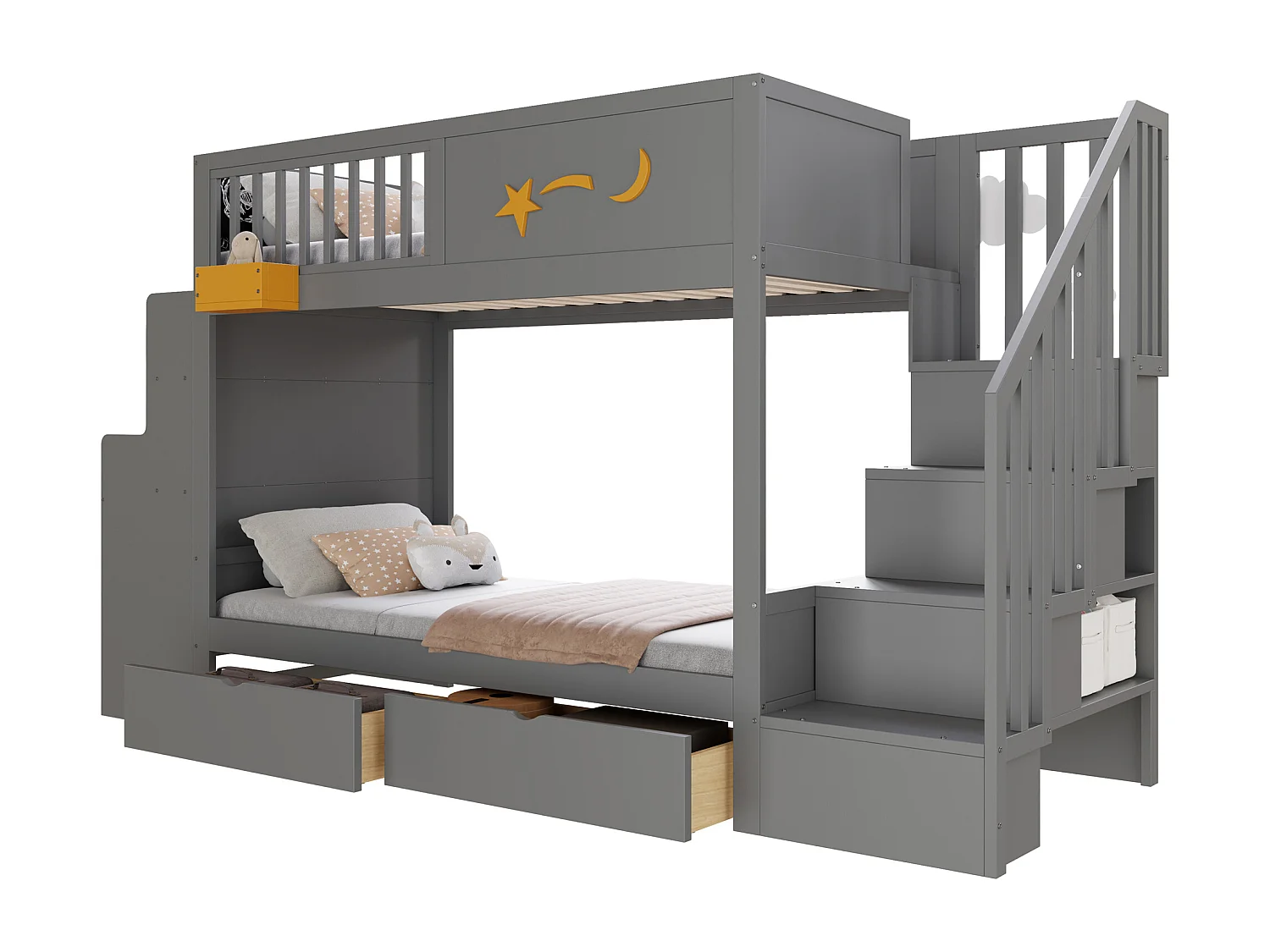 Lit superposé enfant 90 x 200 cm - avec 2 tiroirs - avec escalier de sécurité - avec bureau - gris (matelas non inclus)