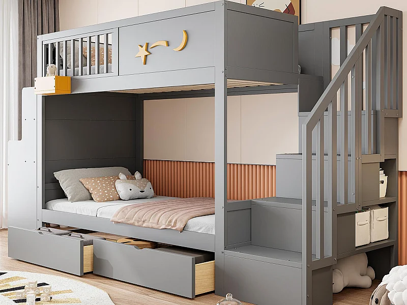 Lit superposé enfant 90 x 200 cm - avec 2 tiroirs - avec escalier de sécurité - avec bureau - gris (matelas non inclus)