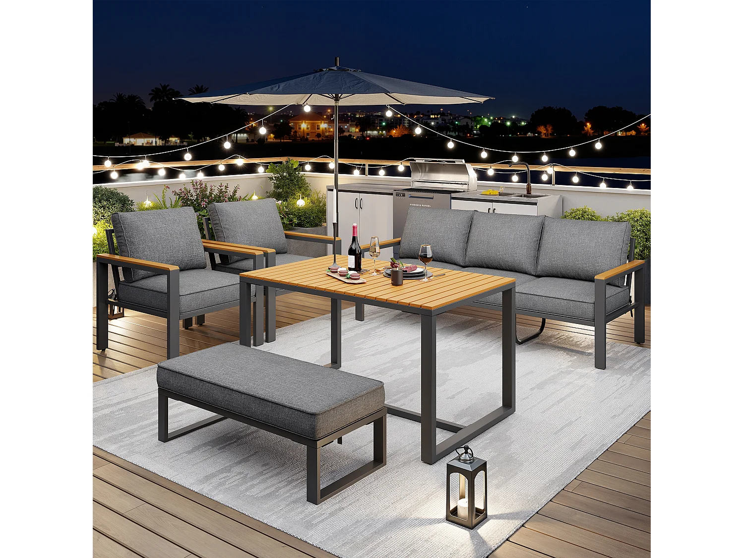 Garten-Salon, Möbelset aus Kunstholz für 6-7 Personen - 3-Personen-Sofa - aus verzinktem Eisen - Tische - 2 Sessel - Bank, Grau