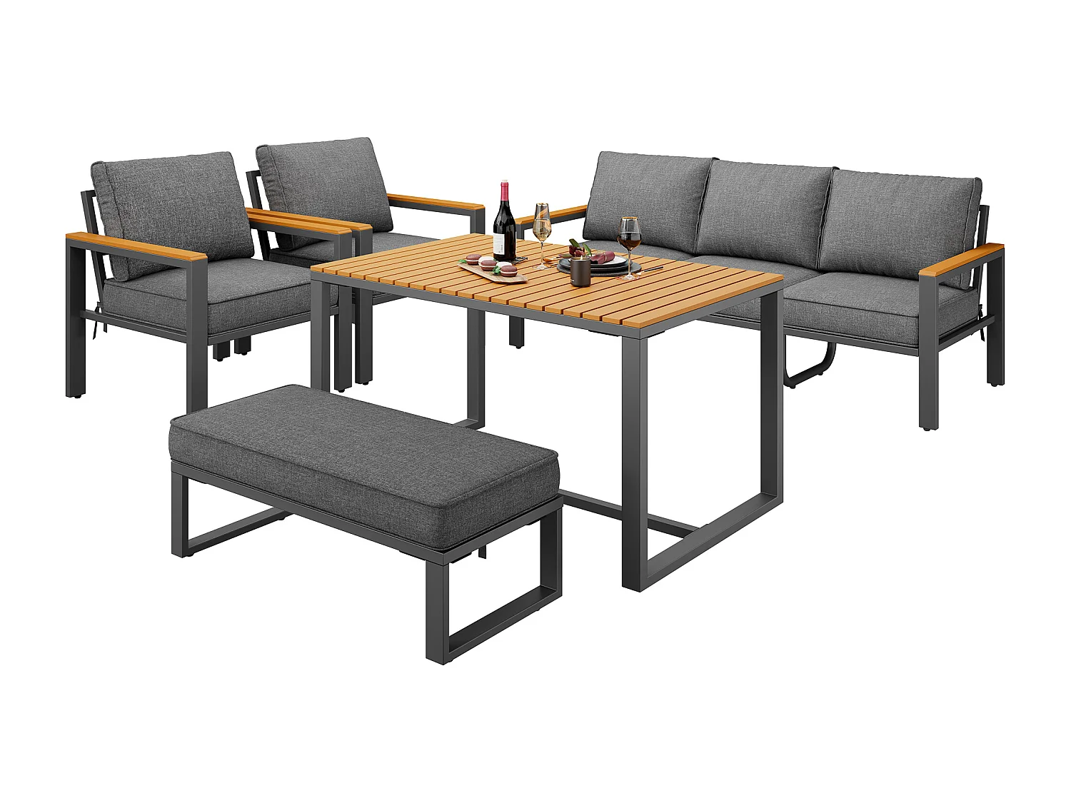 Garten-Salon, Möbelset aus Kunstholz für 6-7 Personen - 3-Personen-Sofa - aus verzinktem Eisen - Tische - 2 Sessel - Bank, Grau