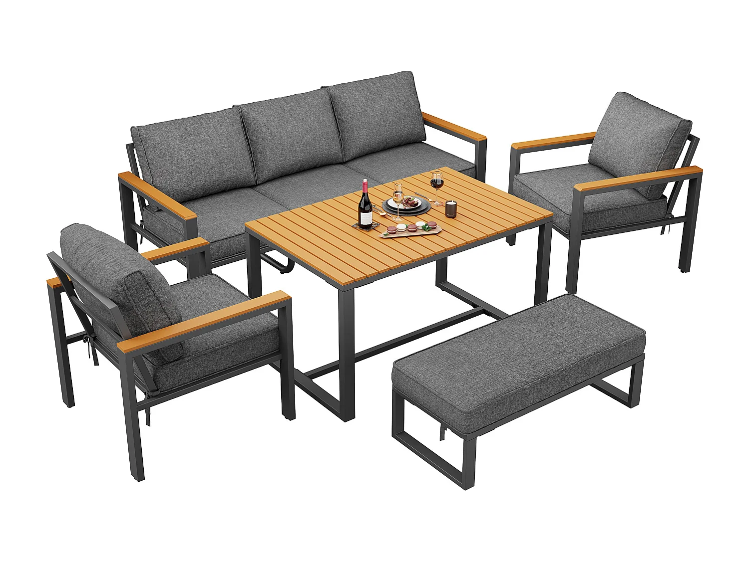 Garten-Salon, Möbelset aus Kunstholz für 6-7 Personen - 3-Personen-Sofa - aus verzinktem Eisen - Tische - 2 Sessel - Bank, Grau